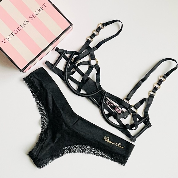 MEDIUM Victoria’s Secret black harness bra set - Picture 1 of 7